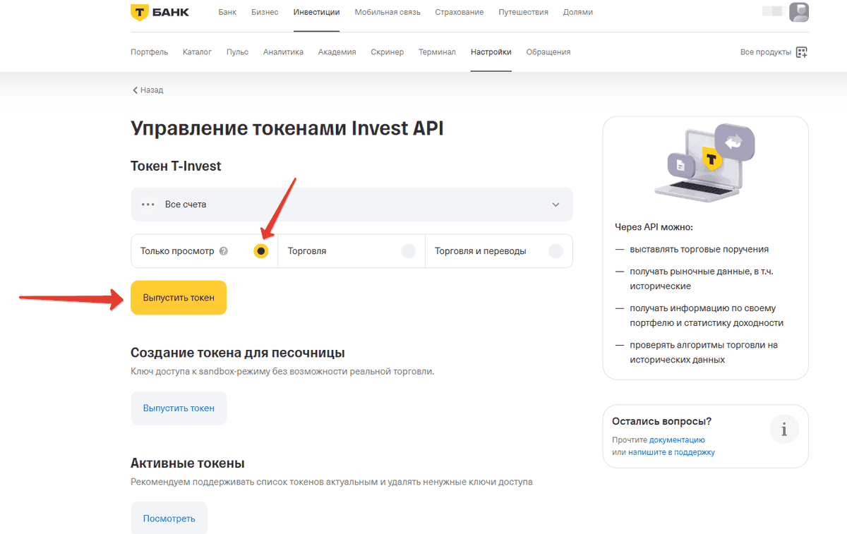 Режим доступа «Только просмотр» и кнопка «Выпустить токен»